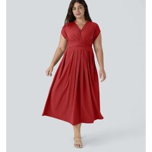 Halara Breezeful Midi Dress Short Sleeve V-Neck Pockets Tie Back Red Sz 3X New